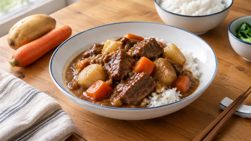 Braised beef with potato & carrot on rice