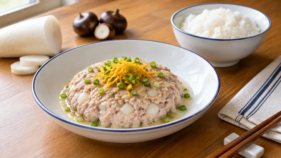 Steamed pork patty with daikon & water chestnut on rice