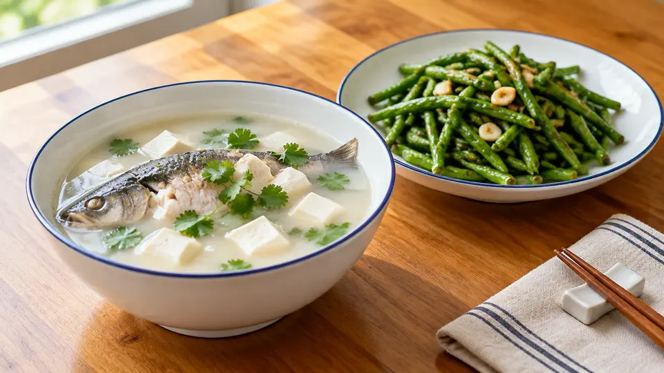 鯽魚豆腐湯配蒜蓉豆角
