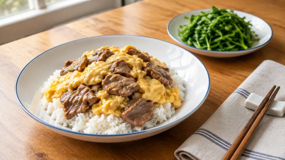 滑蛋牛肉飯配灼豆苗