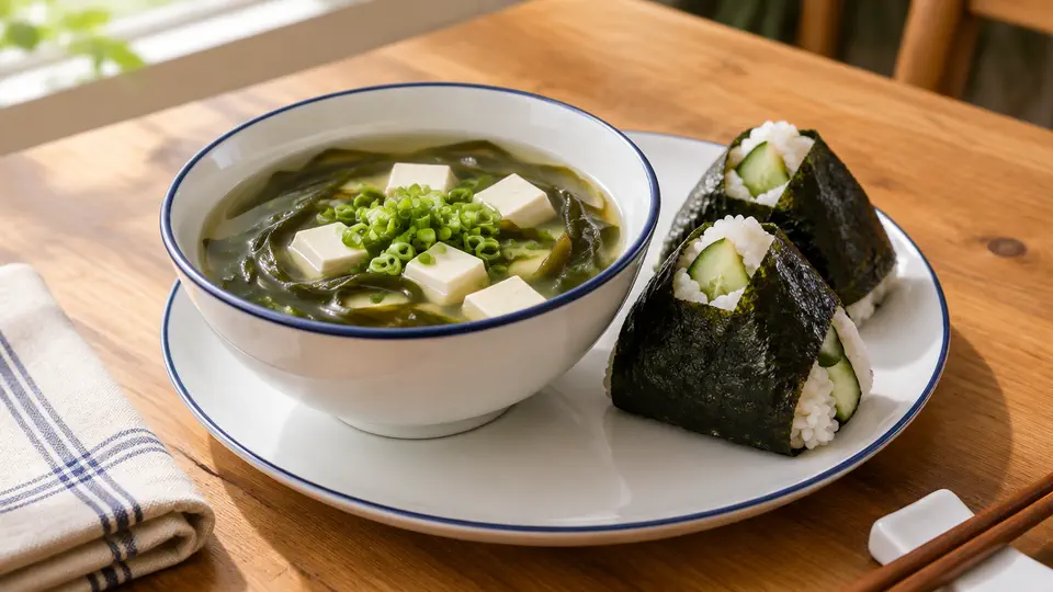 海帶豆腐湯配紫菜飯糰