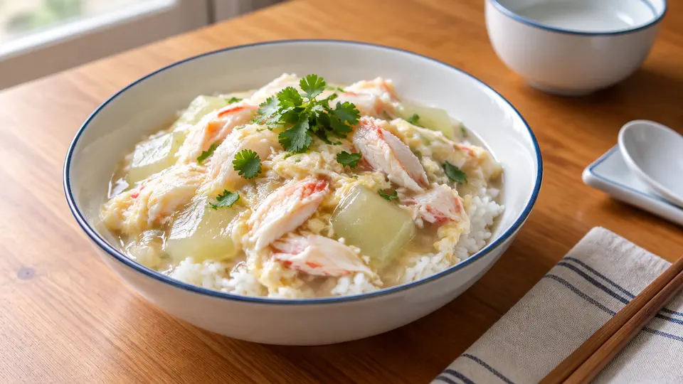Crab meat, winter melon and egg white over rice