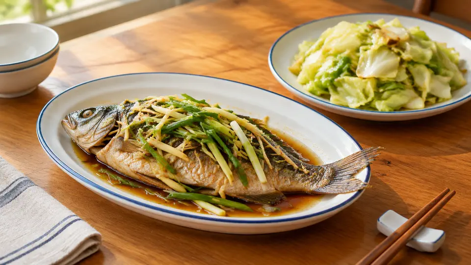 蔥薑焗鯽魚配炒椰菜