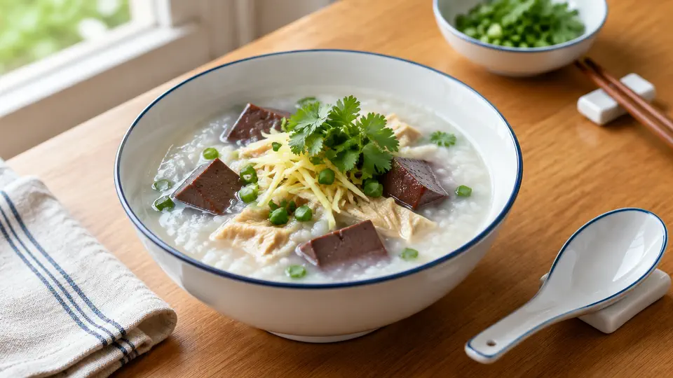 Pig's blood curd congee with ginger and spring onion