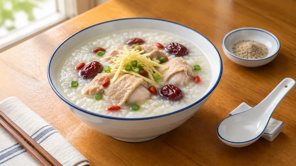 Chicken congee with ginger and goji berries