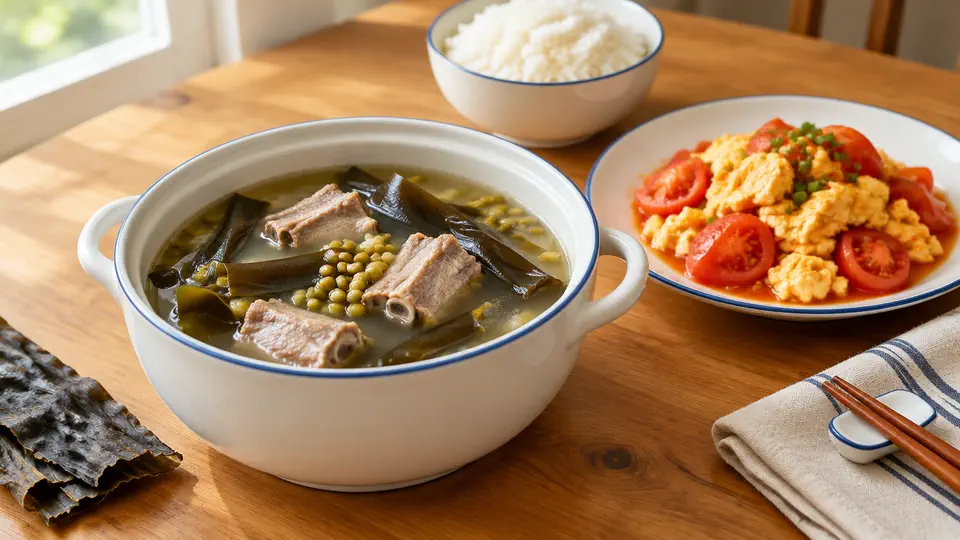 Kelp, mung bean & pork rib soup with tangerine peel