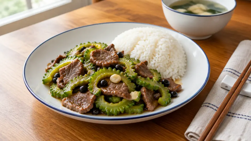 Stir-fried beef with bitter melon on rice