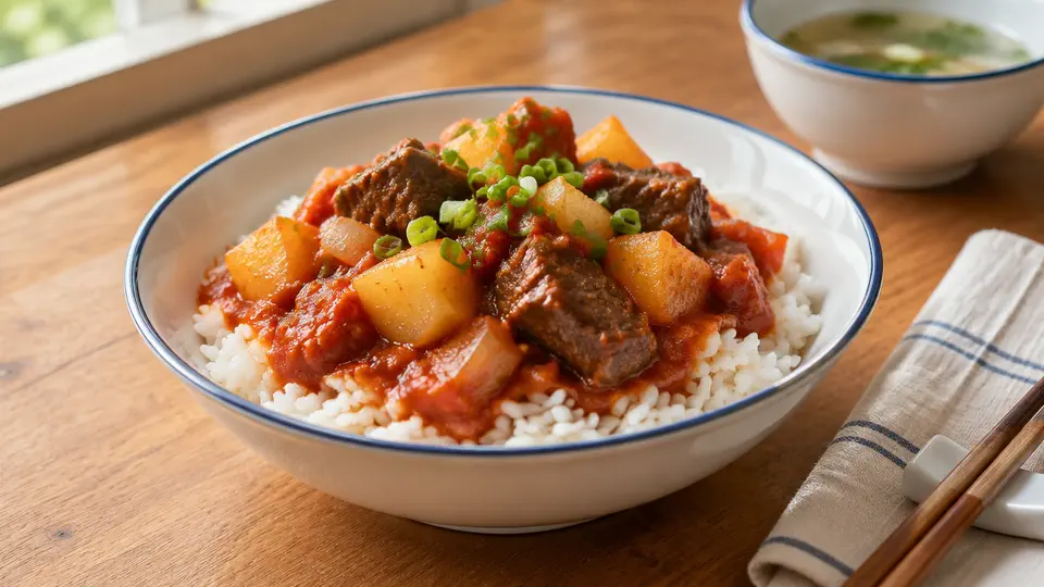 Braised beef with tomato and potato on rice