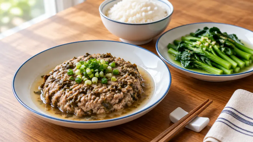 Steamed pork patty with preserved mustard greens on rice