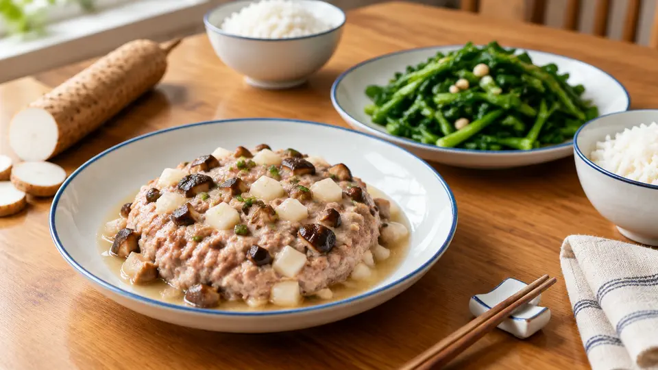 淮山蒸肉餅配蒜蓉菠菜