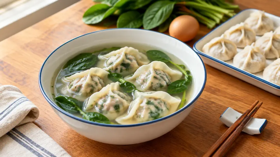Spinach & pork dumplings in clear broth