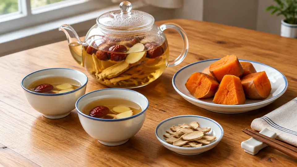 五指毛桃紅棗茶配蒸番薯